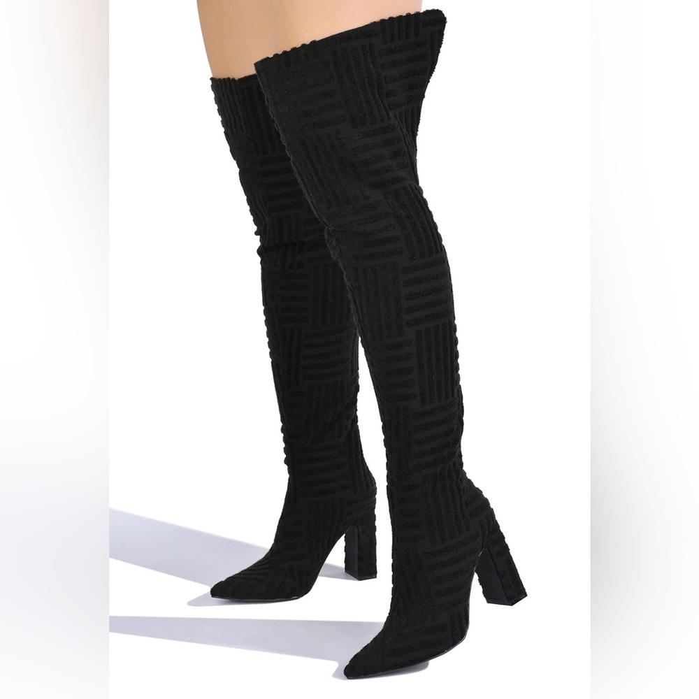 Black Fabric Patterned High Knee Boot